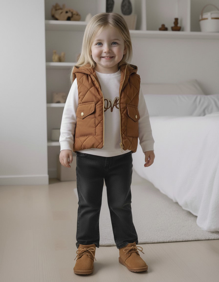 طقم ملابس بناتي أنيق | جيليه بني مع تيشيرت أبيض وبنطال جينز