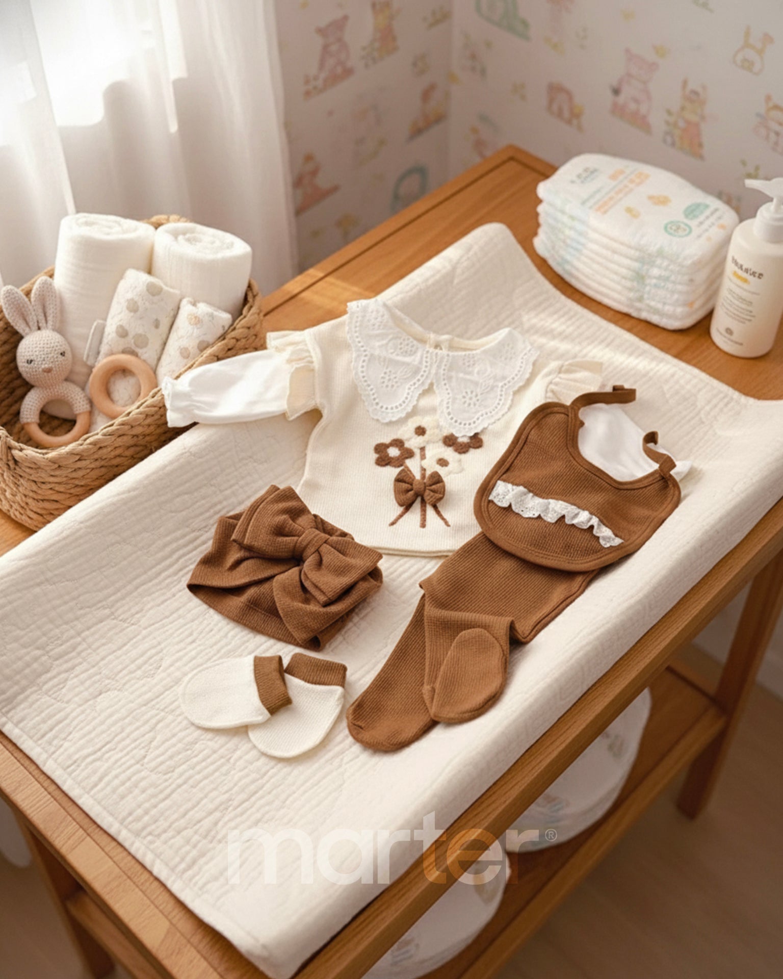 طقم جميل للبنات حديثي الولادة مزين بأزهار صغيرة