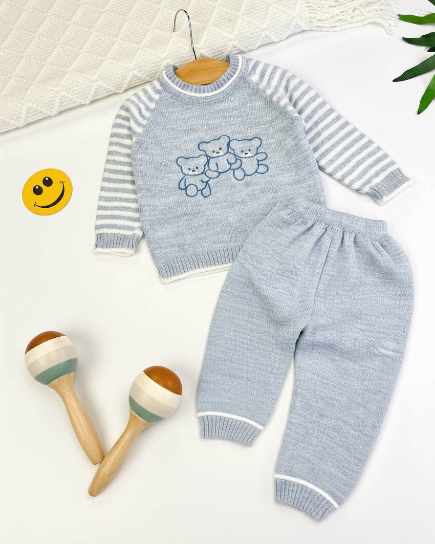طقم شتوي محبوك للأطفال برسمة دُببة من 2 قطع