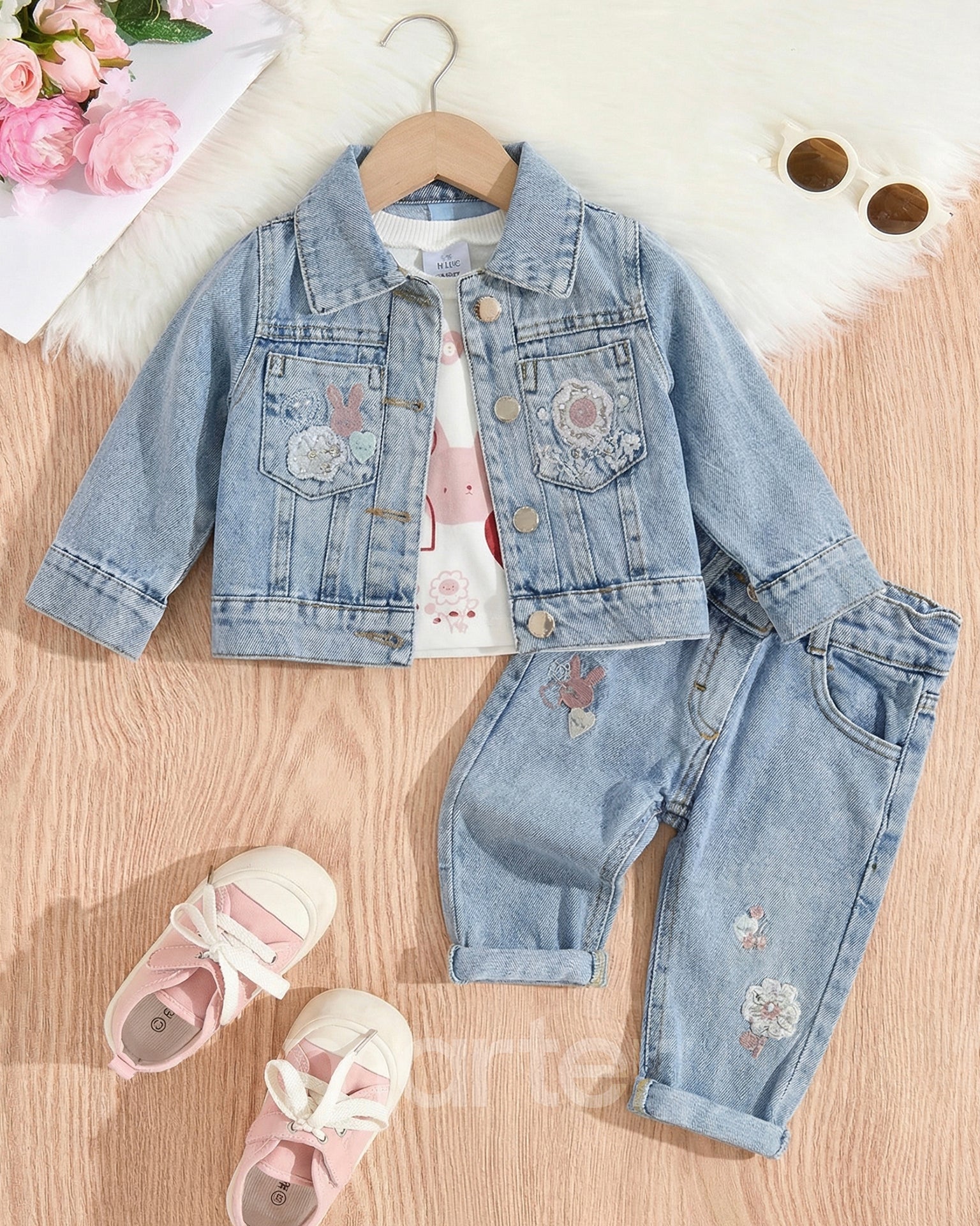 طقم جينز رائع للبنات بتصميم كيوت من 3 قطع