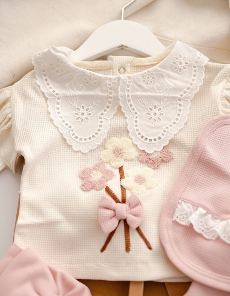 طقم جميل للبنات حديثي الولادة مزين بأزهار صغيرة