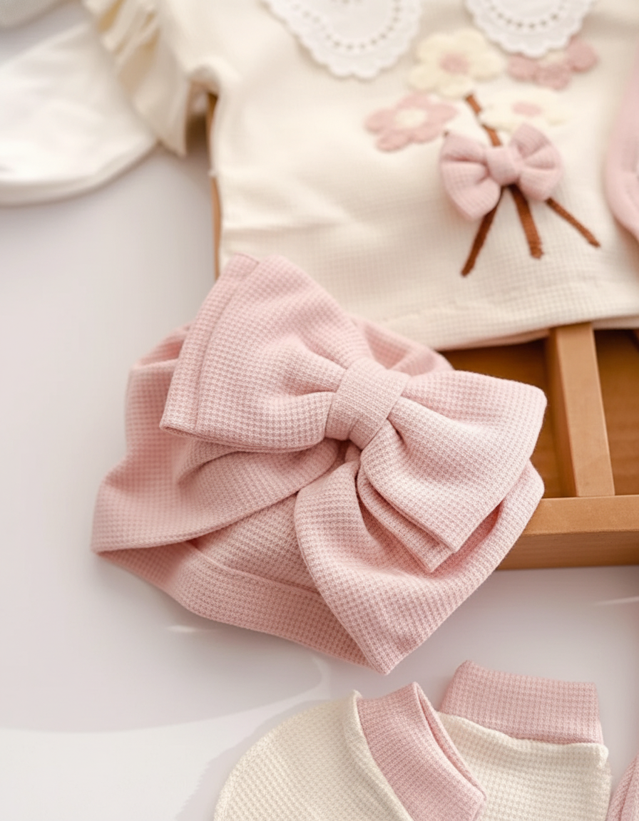 طقم جميل للبنات حديثي الولادة مزين بأزهار صغيرة