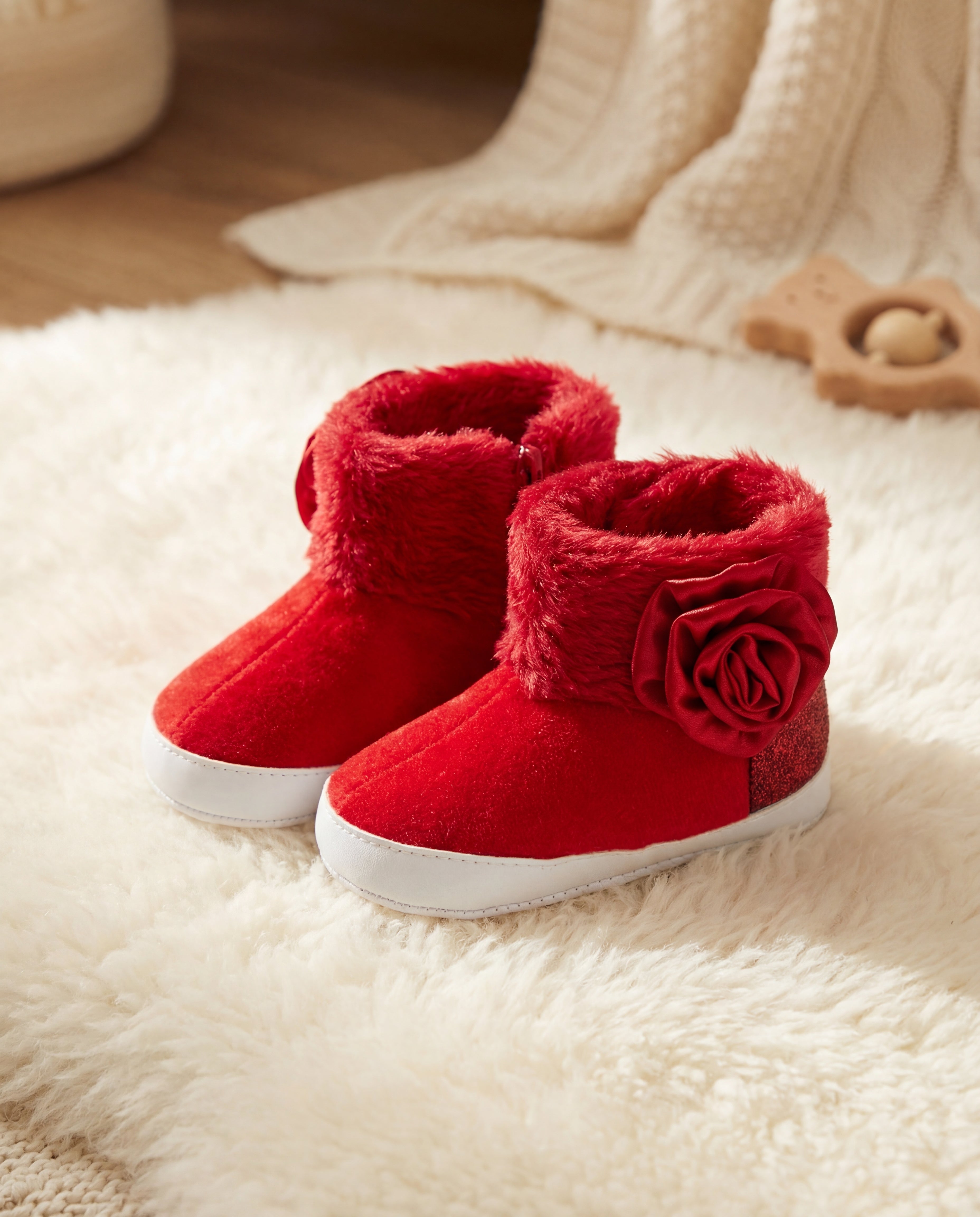 بوت شتوي فاخر للبنات بتصميم وردة جانبية – ناعم ودافئ