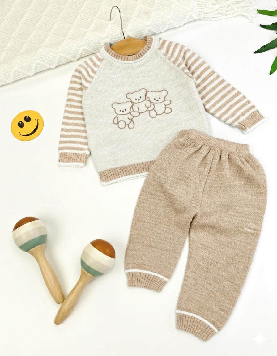 طقم شتوي محبوك للأطفال برسمة دُببة من 2 قطع